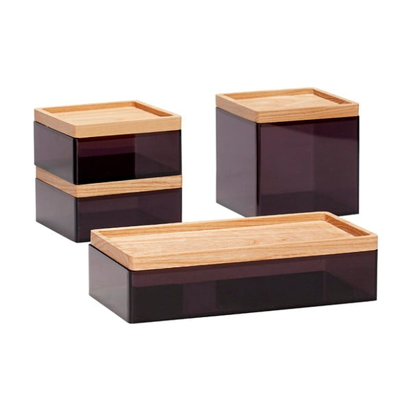Sada 4 černých úložných boxů s víkem z dubového dřeva Hübsch Eluf