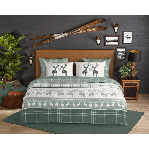 Roheline-kreem pikendatud flanellist voodipesu kaheinimesevoodile 200x220 cm Bjirk - Good Morning-image-1