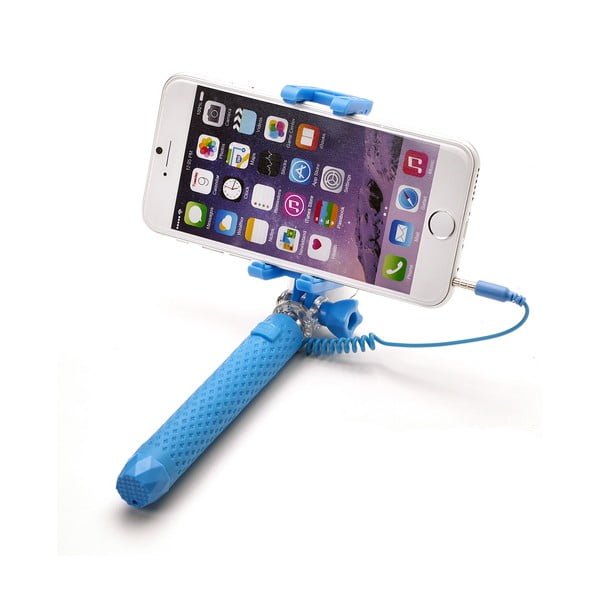 Světle modrá selfie tyč Celly Mini selfie, spoušť přes 3.5mm jack