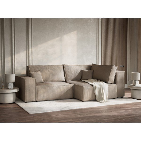 Beež velvetist diivanvoodi/panipaigaga nurgadiivan (parempoolne/L-kujuline) Tonga - Maison de Rêve-image-4