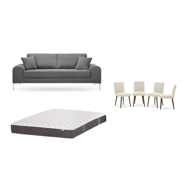 Set třímístné šedé pohovky, 4 krémových židlí a matrace 160 x 200 cm Home Essentials