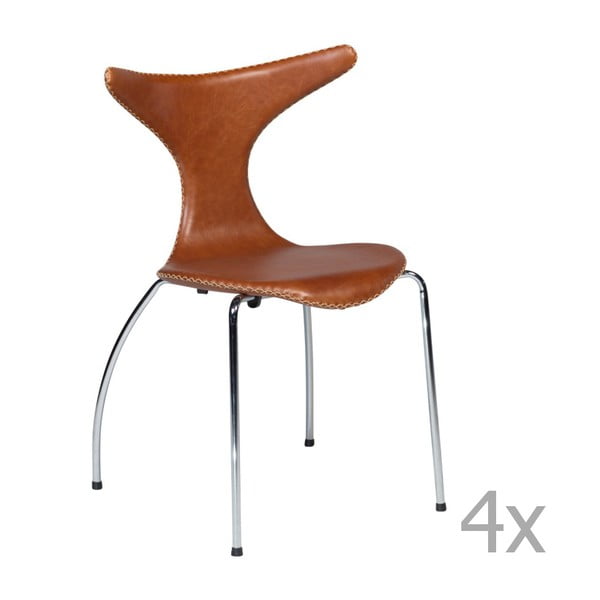 Sada 4 hnědých  kožených jídelních židlí s pochromovaným podnožím DAN– FORM Dolphin