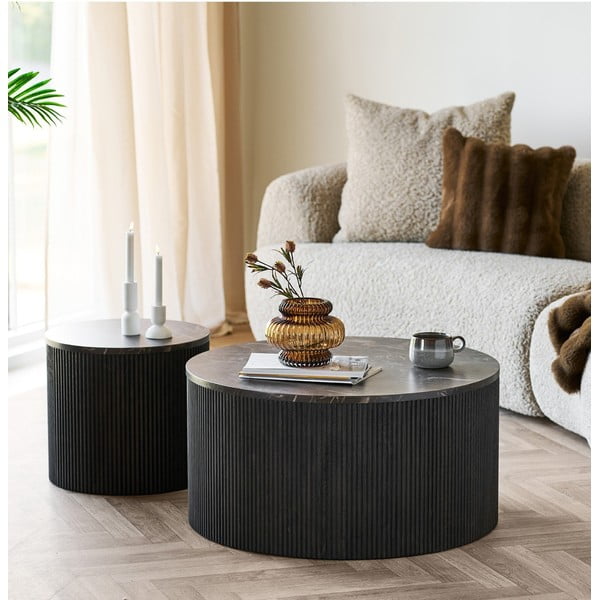 Tumepruun ümmargune diivanilaud marmorimustriga plaadiga ø 80 cm Rota – House Nordic-image-1