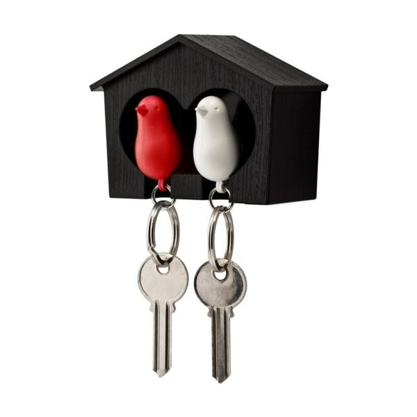 Hnědý věšáček na klíče s bílou a červenou klíčenkou Qualy Duo Sparrow