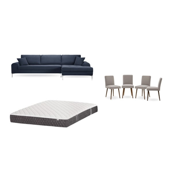 Set tmavě modré pohovky s lenoškou vpravo, 4 šedobéžových židlí a matrace 160 x 200 cm Home Essentials