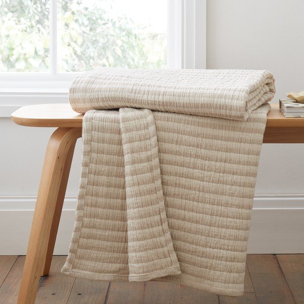 Puuvillane tekk naturaalses värvitoonis 150x200 cm Cotton Muslin Stripe - Bianca-image-1
