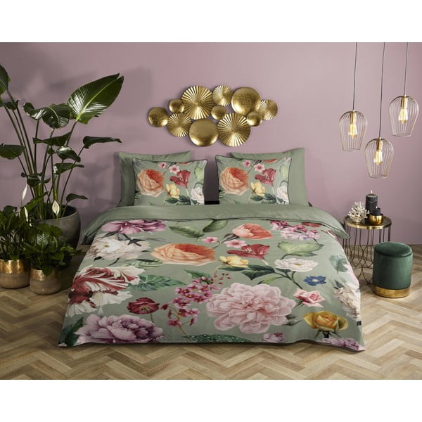Roheline pikendatud satiin-puuvillast voodipesu kaheinimesevoodile 200x220 cm Fiori - Descanso-image-1