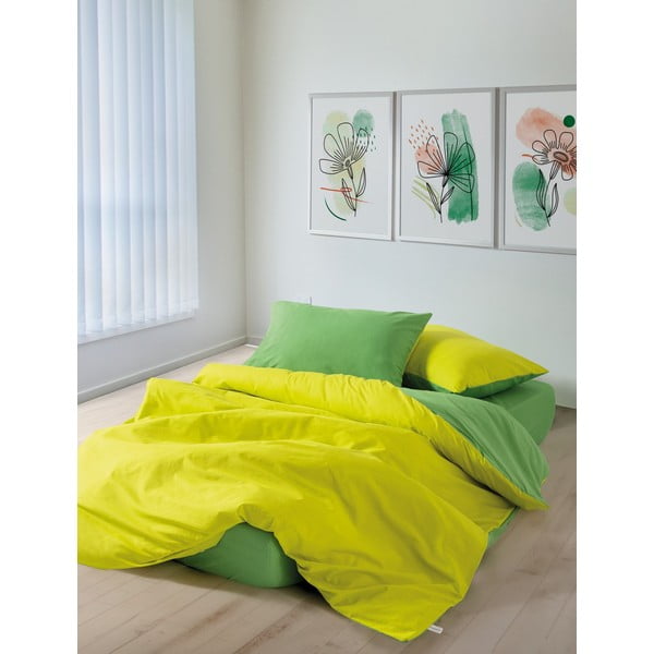 Kollane-roheline Renforcé puuvillast 4-osaline pikendatud voodipesu komplekt 200x220 cm Sage - Mijolnir-image-1