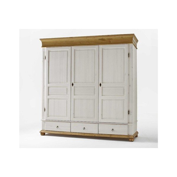 Vysoká bílá třídveřová šatní skříň z borovicového dřeva SOB Harald