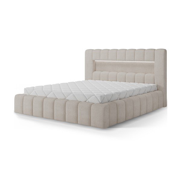 Beež polsterdatud kaheinimesevoodi panipaigaga ja liistudest raamiga 160x200 cm Lamica - ELTAP