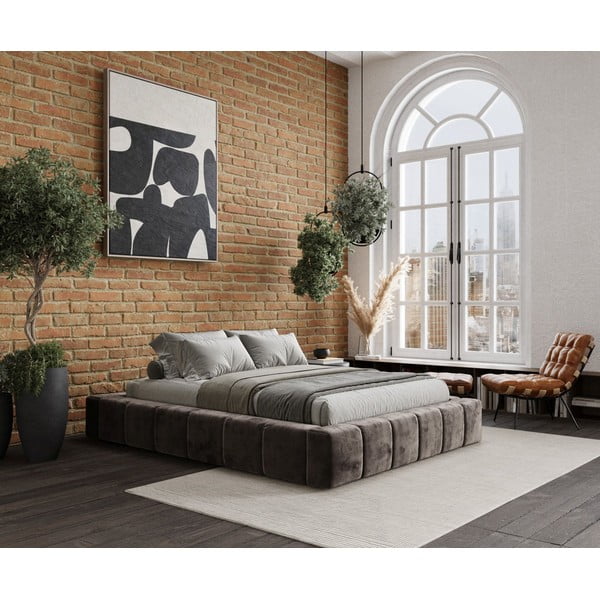 Pruun polsterdatud kaheinimesevoodi koos voodipõhja ja panipaigaga 200x200cm Aruba L - Maison de Rêve-image-1