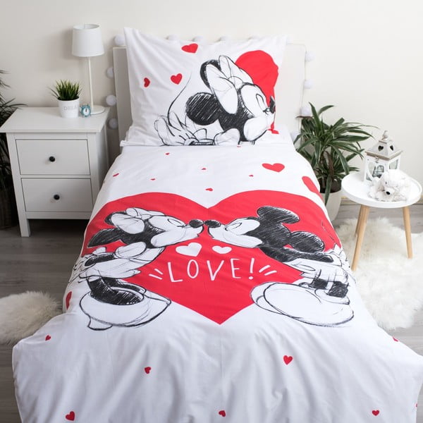 Punane ja valge puuvillane laste voodipesu 140x200 cm Mickey and Minnie "Love" - Jerry Fabrics-image-1