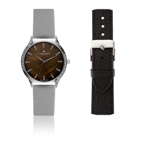 Dámské hodinky z nerezové oceli ve stříbrné barvě s výměnným páskem z pravé kůže Frederic Graff Crystal