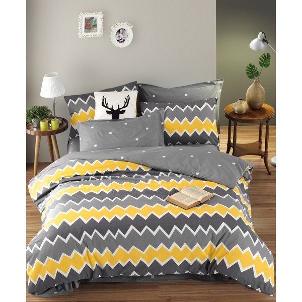 Bavlněné povlečení s prostěradlem na dvoulůžko EnLora Home Zigros Yellow, 200 x 220 cm-image-1