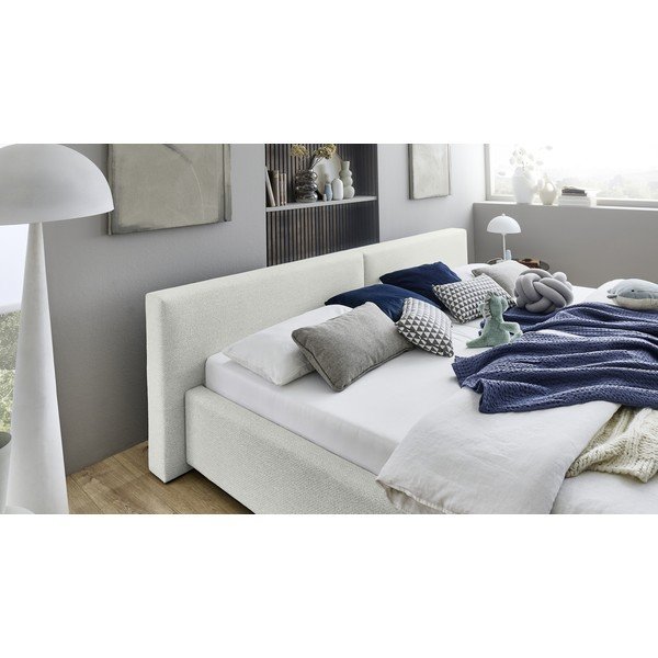 Valge polsterdatud kaheinimesevoodi panipaigaga ja liistudest raamiga 200x240 cm Cube - Meise Möbel-image-2