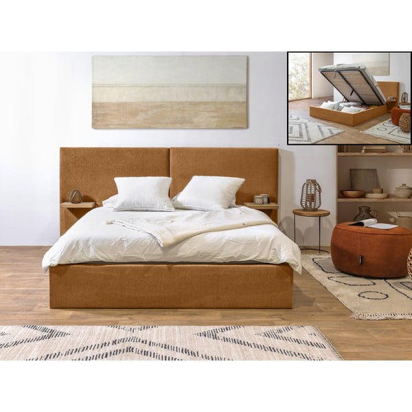 Kollane polsterdatud kaheinimese voodi, millel on riiulid 160x200 cm ja panipaik Blandine - Bobochic Paris-image-1