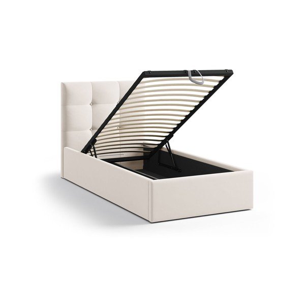 Kreem polsterdatud üheinimesevoodi koos panipaiga ja voodipõhjaga 90x200 cm Phaedra - Micadoni-image-1