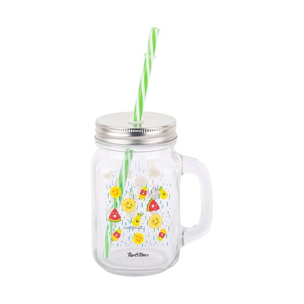 Skleněná mason jar s brčkem Tantitoni Happy Fruits, 475 ml