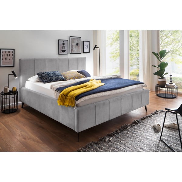 Helehall polsterdatud kaheinimesevoodi, voodipõhjaga 160x200 cm ja panipaigaga Lizzano - Meise Möbel-image-1