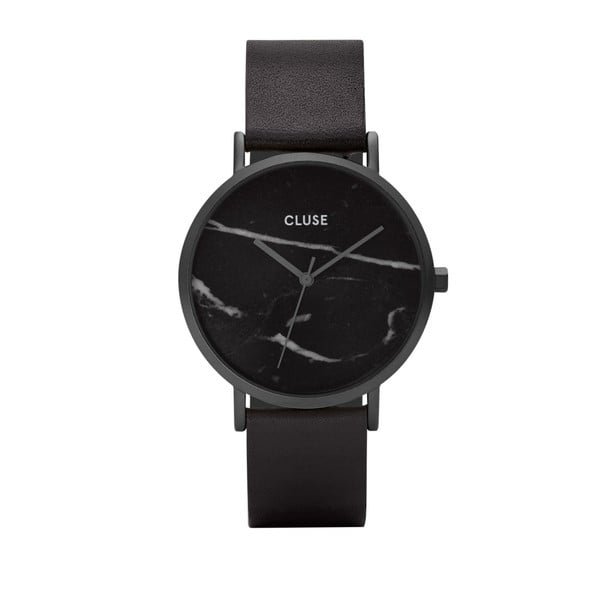 Dámské černé hodinky s koženým řemínkem a mramorovým ciferníkem Cluse La Roche Night