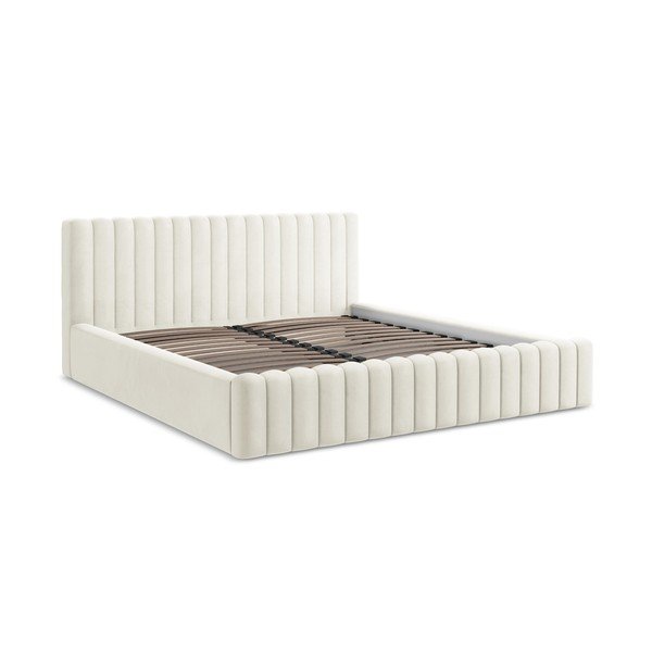 Kreemikas polsterdatud kaheinimesevoodi panipaiga ja liistudest raamiga 180x200 cm Lemi - Makamii-image-2