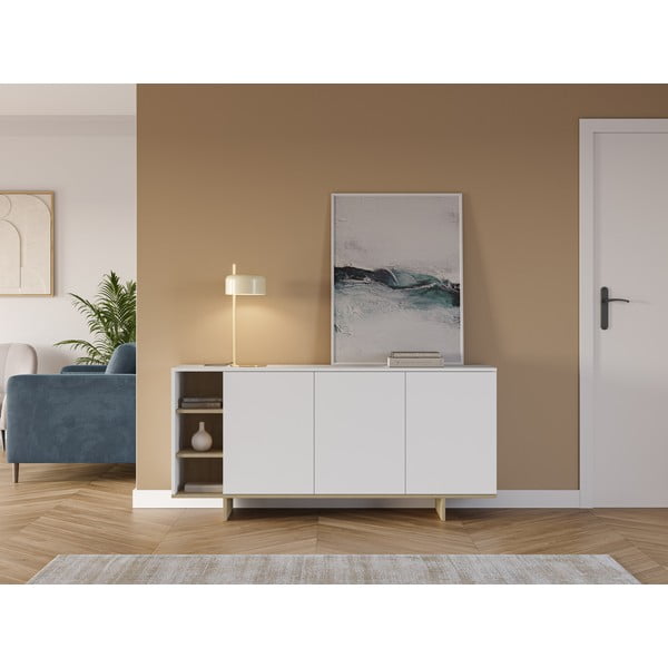 Valge tammedekooriga madal kummut 170x80 cm Cequoia - Marckeric-image-1