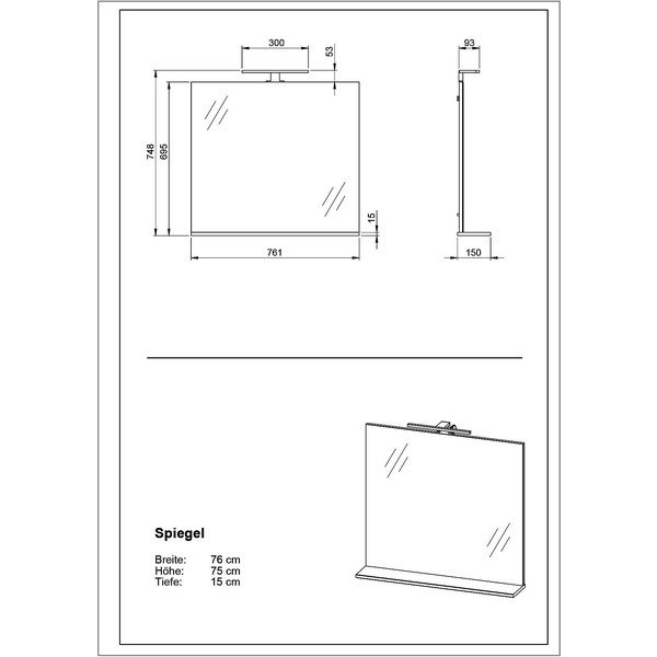 Seinapeegel koos valgusti ja riiuliga 76x75 cm - Germania-image-3