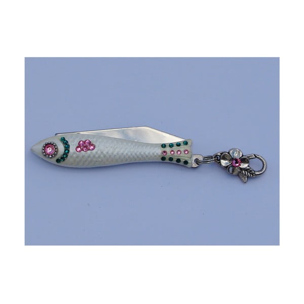 Český nožík rybička s růžovo-zelenými krystaly a s karabinkou