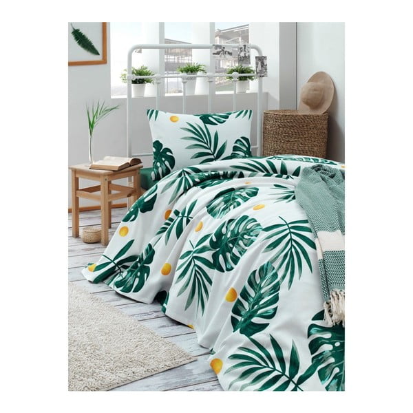 Valge/roheline voodikatte ja padjakatete komplekt 200x220 cm Kapitone Monstera – Mijolnir-image-1