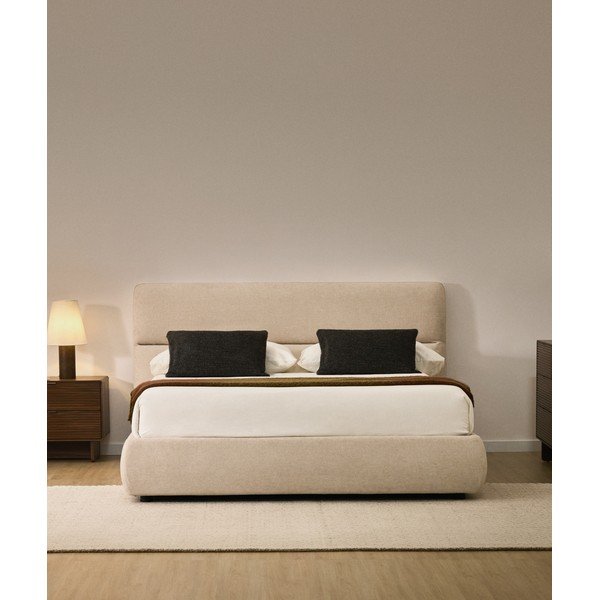 Beež polsterdatud kaheinimesevoodi šenillkangast panipaiga ja liistudest voodipõhjaga 160x200 cm Dafra - Kave Home-image-1