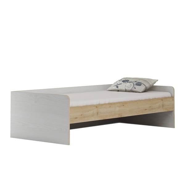 Bílá postel s dřevěným dekorem Szynaka Meble Happy