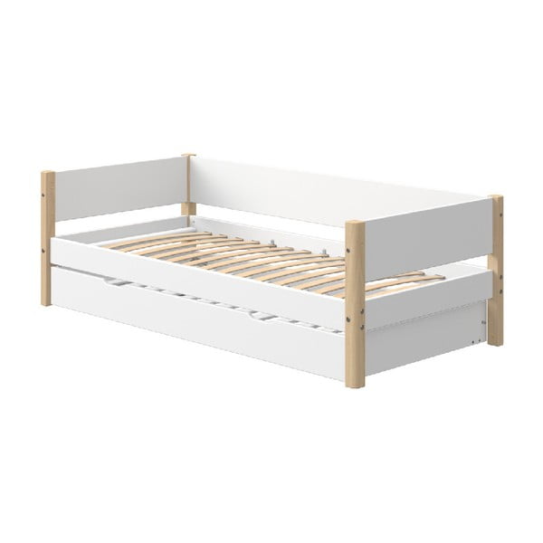 Bílá dětská postel s přírodními nohami a výsuvným lůžkem Flexa White Single, 90 x 200 cm