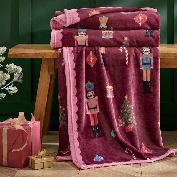 Burgundiapunane/roosa tekk jõulumotiiviga 170x130 cm Christmas Nutcracker - Catherine Lansfield-image-1