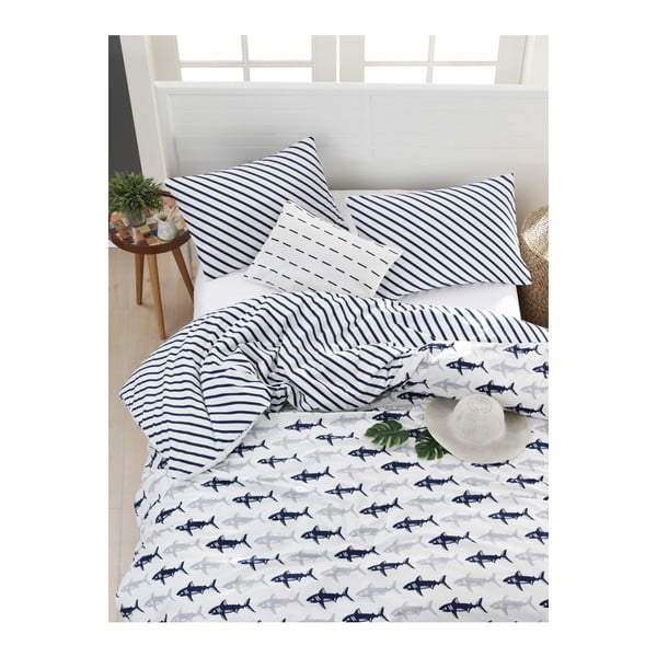 Kahekohaline voodipesu koos voodipesuga ranforce puuvillast tumesinine ja valge, 200 x 220 cm Shark - Mijolnir