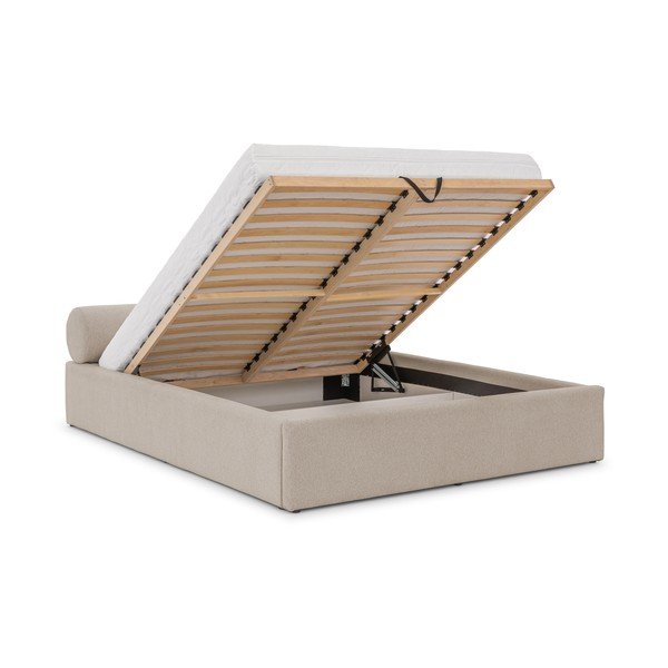 Beež polsterdatud kaheinimesevoodi panipaigaga ja liistudest raamiga 160x200 cm Cille - Ropez-image-2