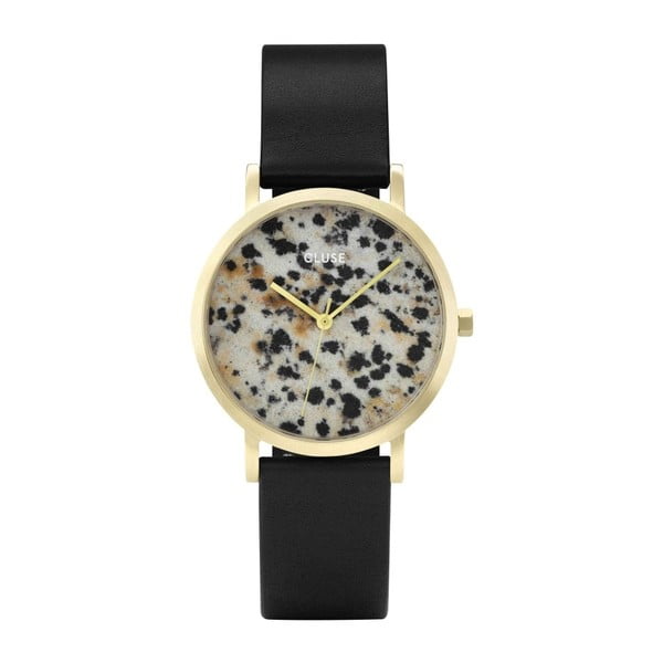 Dámské hodinky s černým koženým řemínkem a ciferníkem z jaspisu Cluse La Roche Petite