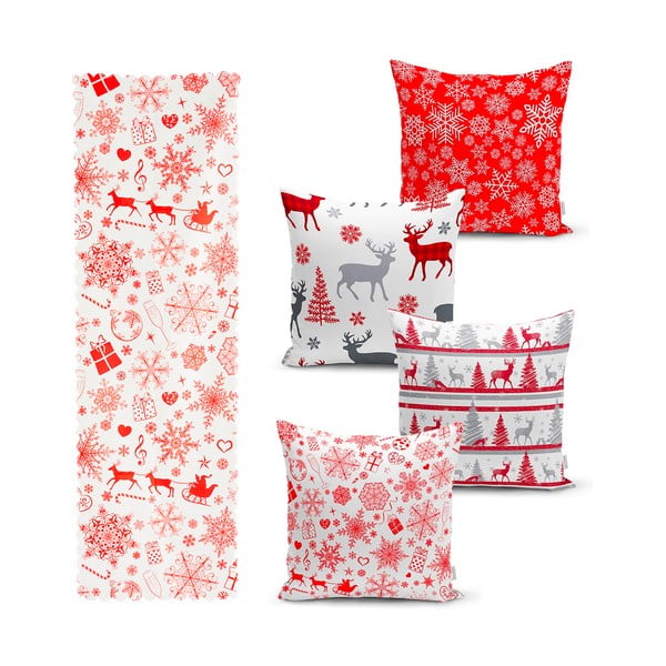 Komplekt 4 jõulupadjakatet ja lauajooksikut Punane lumehelbeke - Minimalist Cushion Covers