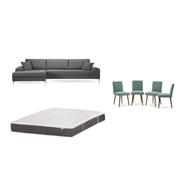 Set šedé pohovky s lenoškou vlevo, 4 šedozelených židlí a matrace 160 x 200 cm Home Essentials