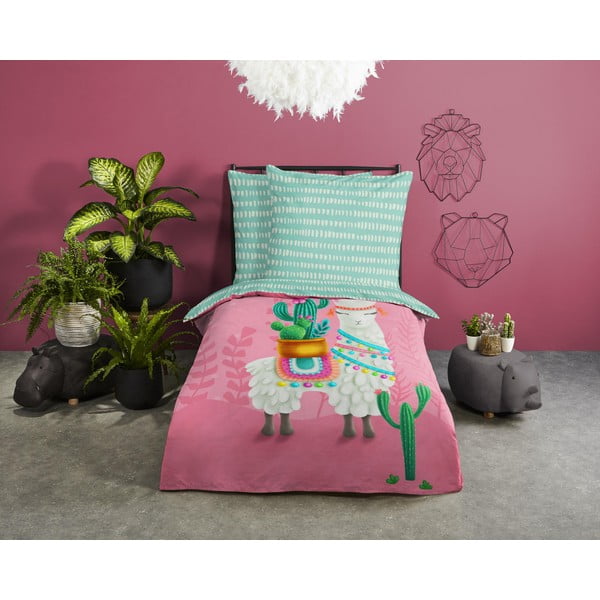 Roosa-türkiissinine puuvillane laste voodipesu üheinimesevoodile 140x200 cm Lalama - Good Morning-image-1