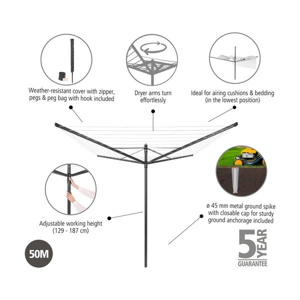 Antratsiitne välitingimustes kasutatav pesukuivatusrest 50m Lift-O-Matic - Brabantia-image-4