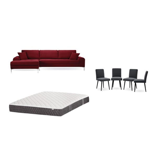 Set červené pohovky s lenoškou vlevo, 4 antracitově šedých židlí a matrace 160 x 200 cm Home Essentials