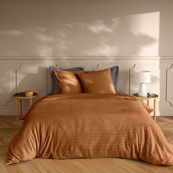 Helepruun 3-osaline flanellvoodipesukomplekt kaheinimesevoodile/ülipikale voodile 240x220 cm Veloutea - douceur d'intérieur-image-1