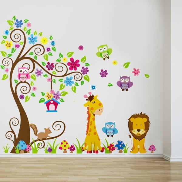 Samolepka na stěnu Strom, žirafa a lev, 60x90 cm