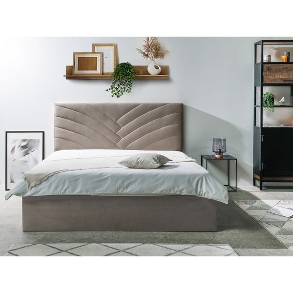 Beeži värvi polsterdatud kaheinimese voodi, millel on riiulid 160x200 cm ja hoiuruumid Palmyre - Bobochic Paris-image-2