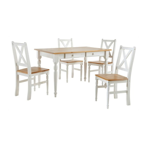 Set 4 bílých dřevěných jídelních židlí s přírodním sedákem a stolu Støraa Normann, 105 x 80 cm