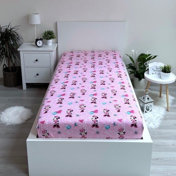 Roosa puuvillane laste lina 90x200 cm Minnie "Flowers" - Jerry Fabrics-image-1
