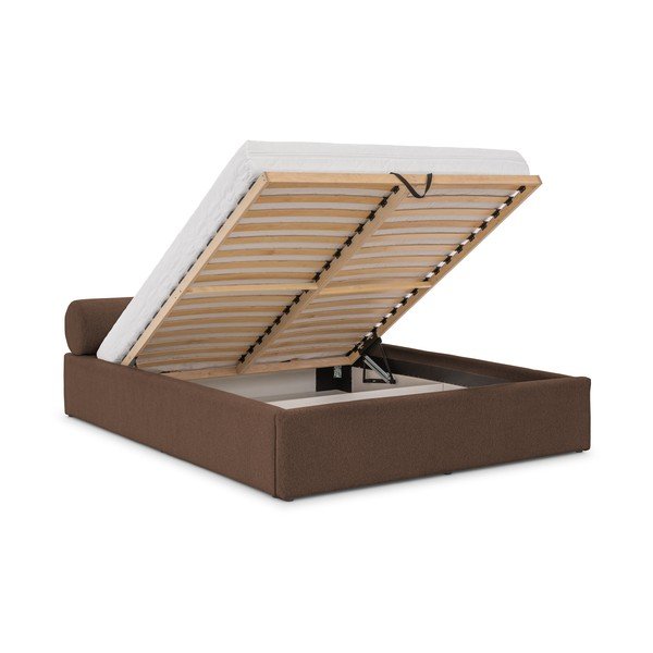 Pruun polsterdatud kaheinimesevoodi panipaigaga ja liistudest raamiga 200x200 cm Cille - Ropez-image-2