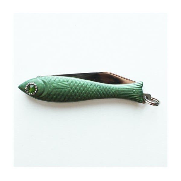 Český nožík rybička, zelený lak s krystalem v oku