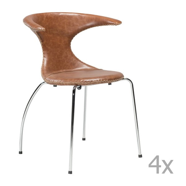 Sada 4 hnědých  kožených jídelních židlí s pochromovaným podnožím DAN– FORM Flair