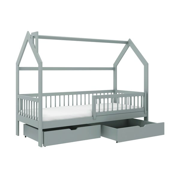 Šedá domečková dětská postel z borovicového dřeva s úložným prostorem 90x190 cm Oskar - Lano Meble